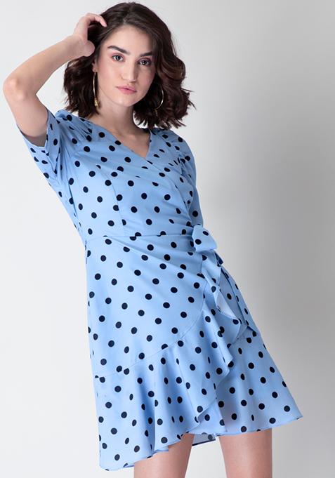 Blue Polka Ruffled Puff Sleeve Wrap Dress 