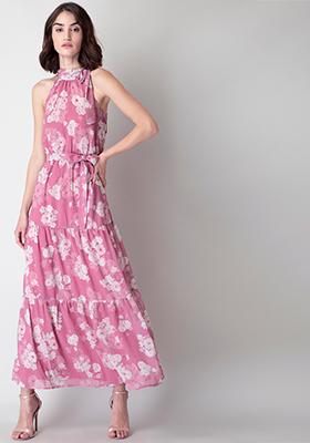 Pink Floral Belted Halter Neck Maxi Dress 
