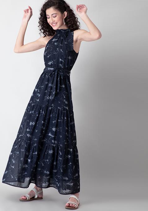 Navy Floral Belted Halter Neck Maxi Dress 