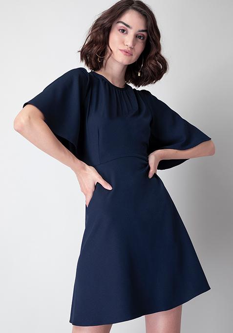 Navy Flared Sleeve Skater Dress 