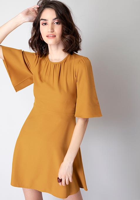 Mustard Flared Sleeve Skater Dress 