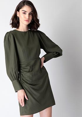 Olive Ruched Puff Sleeve Shift Dress
