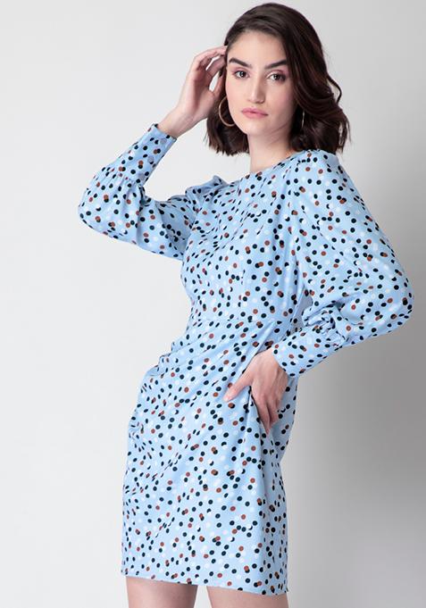 Buy Women Blue Polka Ruched Puff Sleeve Shift Dress - Trends Online ...