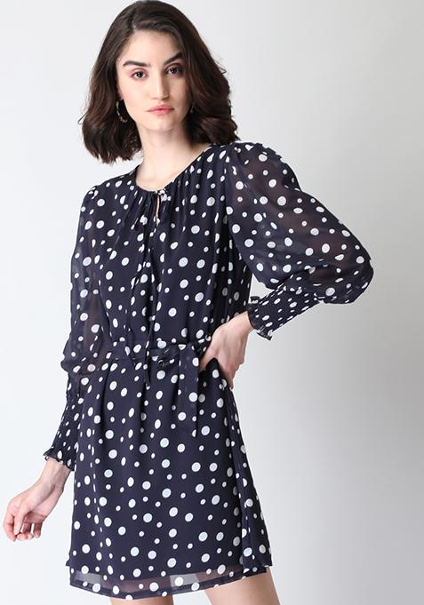 Navy Polka Belted Shift Dress 