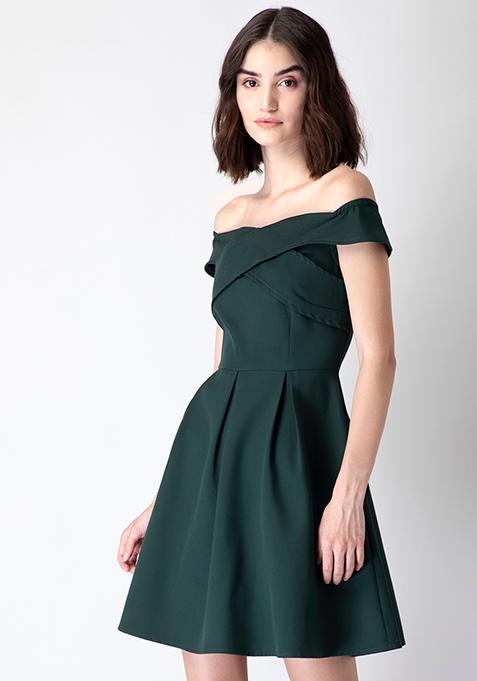 Dark Green Pleated Off Shoulder Dress 