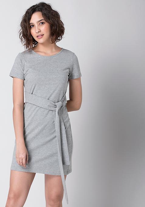 Grey Front Tie T-Shirt Dress 