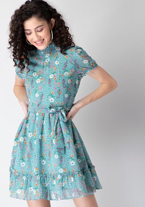 Blue Floral Belted Smocked High Neck Dress