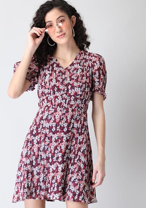 Navy Floral Buttoned V Neck Dress