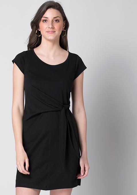 Black Jersey Side Tie T-Shirt Dress 