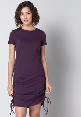 Purple Jersey Side Drawstring Bodycon Dress 