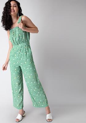 Green Floral Strappy Frilled Jumpsuit