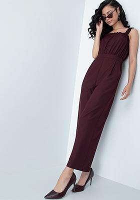 Wine Strappy Frilled Jumpsuit 