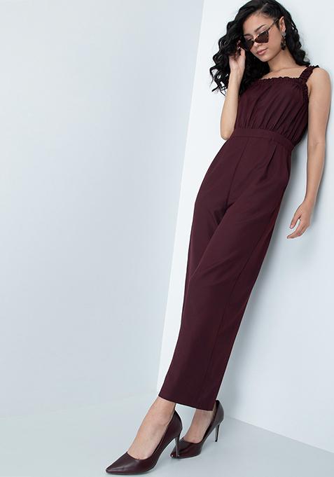 Wine Strappy Frilled Jumpsuit 