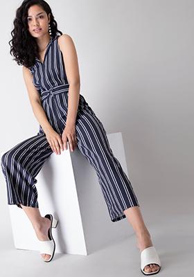 Navy Striped Collared Belted Jumpsuit 
