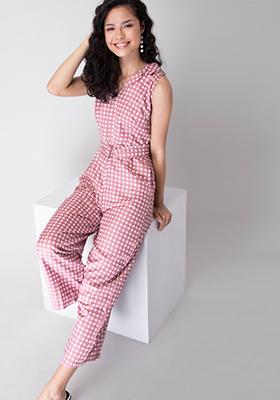 Pink Polka Collared Belted Jumpsuit 