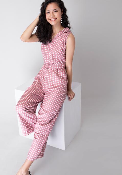 Pink Polka Collared Belted Jumpsuit 