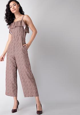 Beige Floral Ruffled Strappy Jumpsuit 