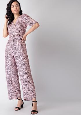 Pink Leopard Print Puff Sleeve Belted Jumpsuit