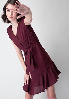 Wine Belted Ruffled Mini Dress