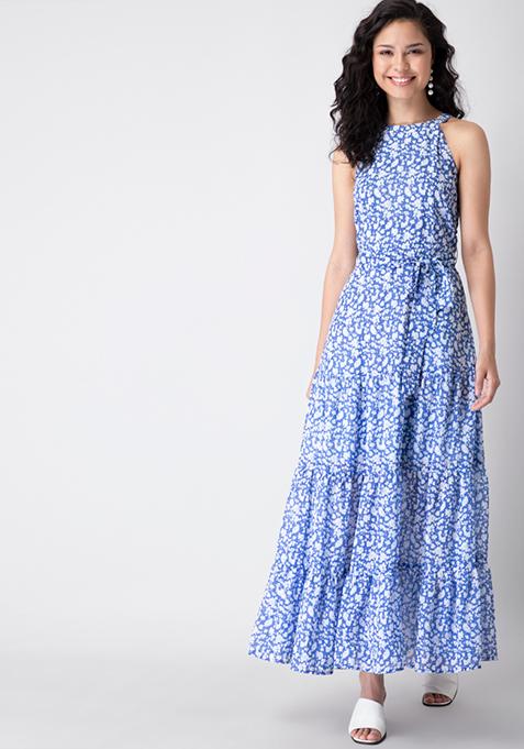 Buy Women Blue Ditsy Floral Halter Dress - Floral Clothing Online India - FabAlley