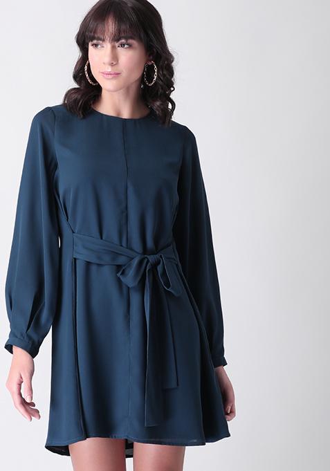 Slate Blue Belted Shift Dress