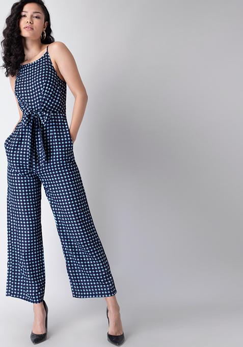 Navy Polka Strappy Front Knot Jumpsuit 