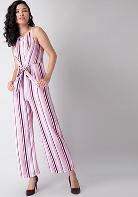 Peach Striped Strappy Front Knot Jumpsuit 