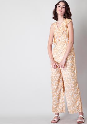 Beige Abstract Ruffled Neck Jumpsuit 