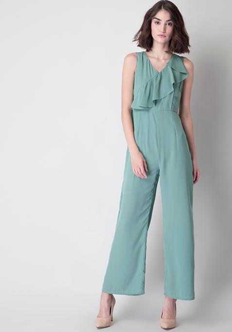 Sage Green Ruffled Neck Jumpsuit 