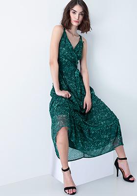 Green Floral Ruffled Neck Maxi Dress
