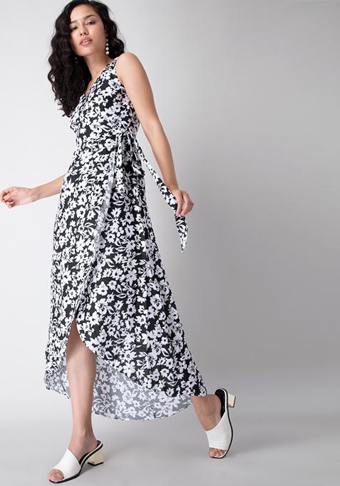 Black Floral High Low Wrap Dress 