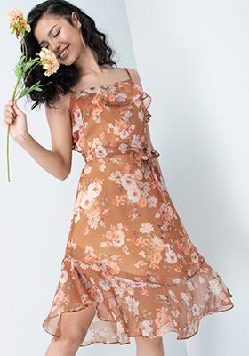Rust Floral Strappy Ruffled Midi Dress 