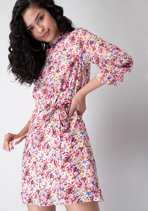 Multicolored Floral Belted High Neck Shift Dress