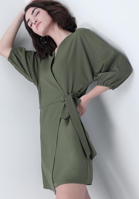 Olive Side Tie Wrap Dress