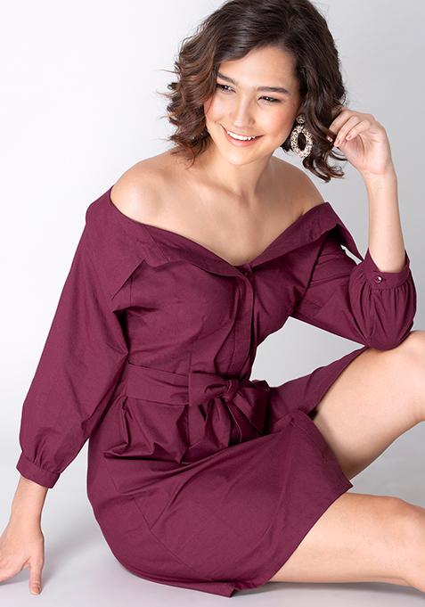 Wine Off Shoulder Belted Shirt Dress 