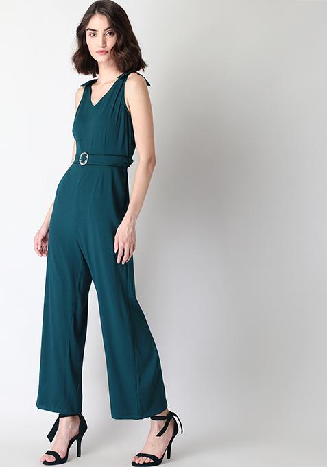 Buy Women Dark Green Buckled Belted Jumpsuit Date Night Dress Online India Faballey 