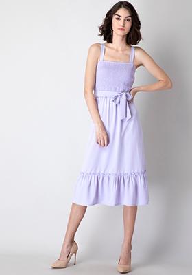 Lilac Strappy Smocked Belted Midi Dress