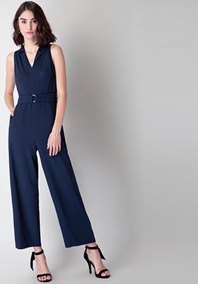 Slate Blue Sleeveless Collared Belted Jumpsuit
