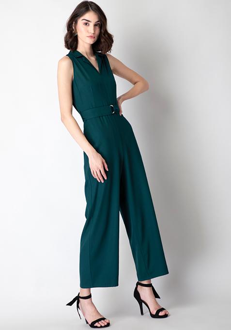 Dark Green Belted Collared Jumpsuit 