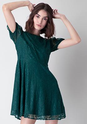 Teal Puff Sleeve Lace Dress 