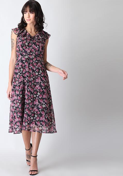 Black Floral Ruffled Cap Sleeve Maxi Dress 