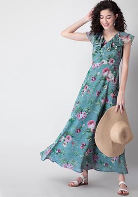 Blue Floral Ruffled Cap Sleeve Maxi Dress