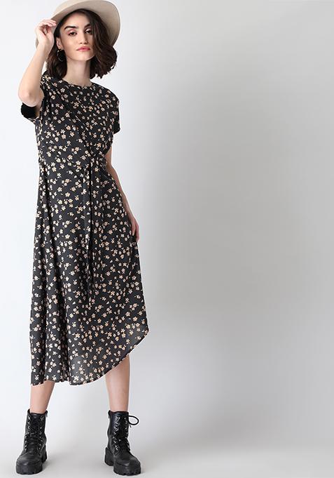 Black Floral Self Tie Asymmetric Midi Dress 