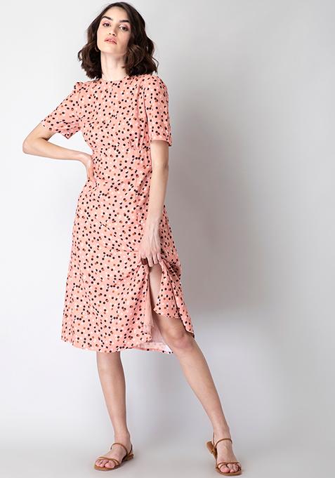 Peach Polka Choker Neck Side Slit Midi Dress 