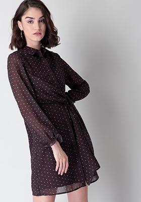 Wine Abstract Collared Self Tie Shirt Dress 