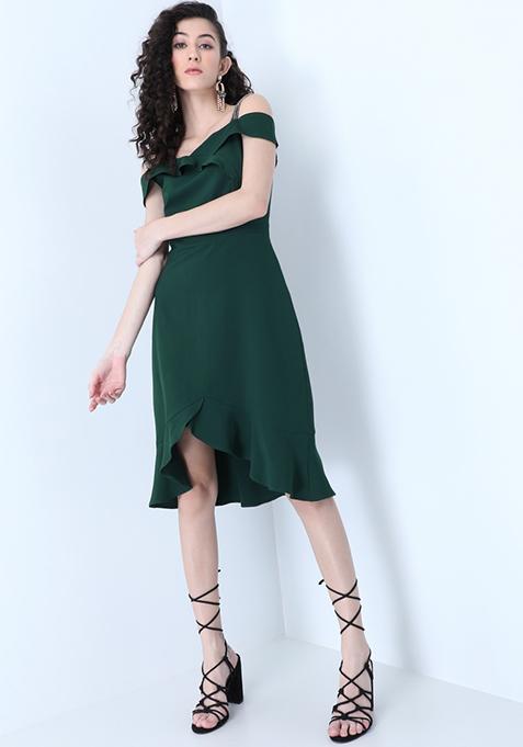 Green Ruffled Embellished Strap Bodycon Dress 