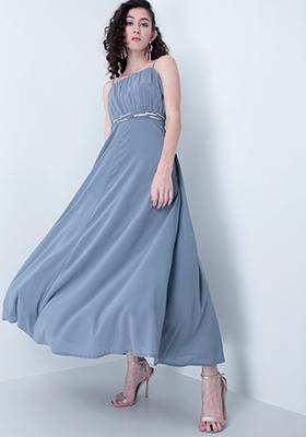 Blue Crushed Embellished Waist Maxi Dress