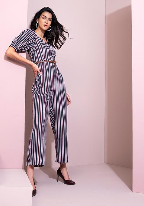 Navy Striped Wrap Jumpsuit with Tan Belt 