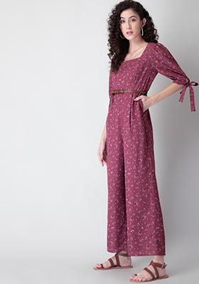 Maroon Floral Square Neck Jumpsuit with Tan Belt 