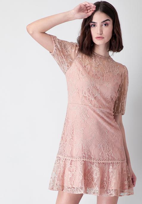 Peach Puff Sleeve Lace Dress